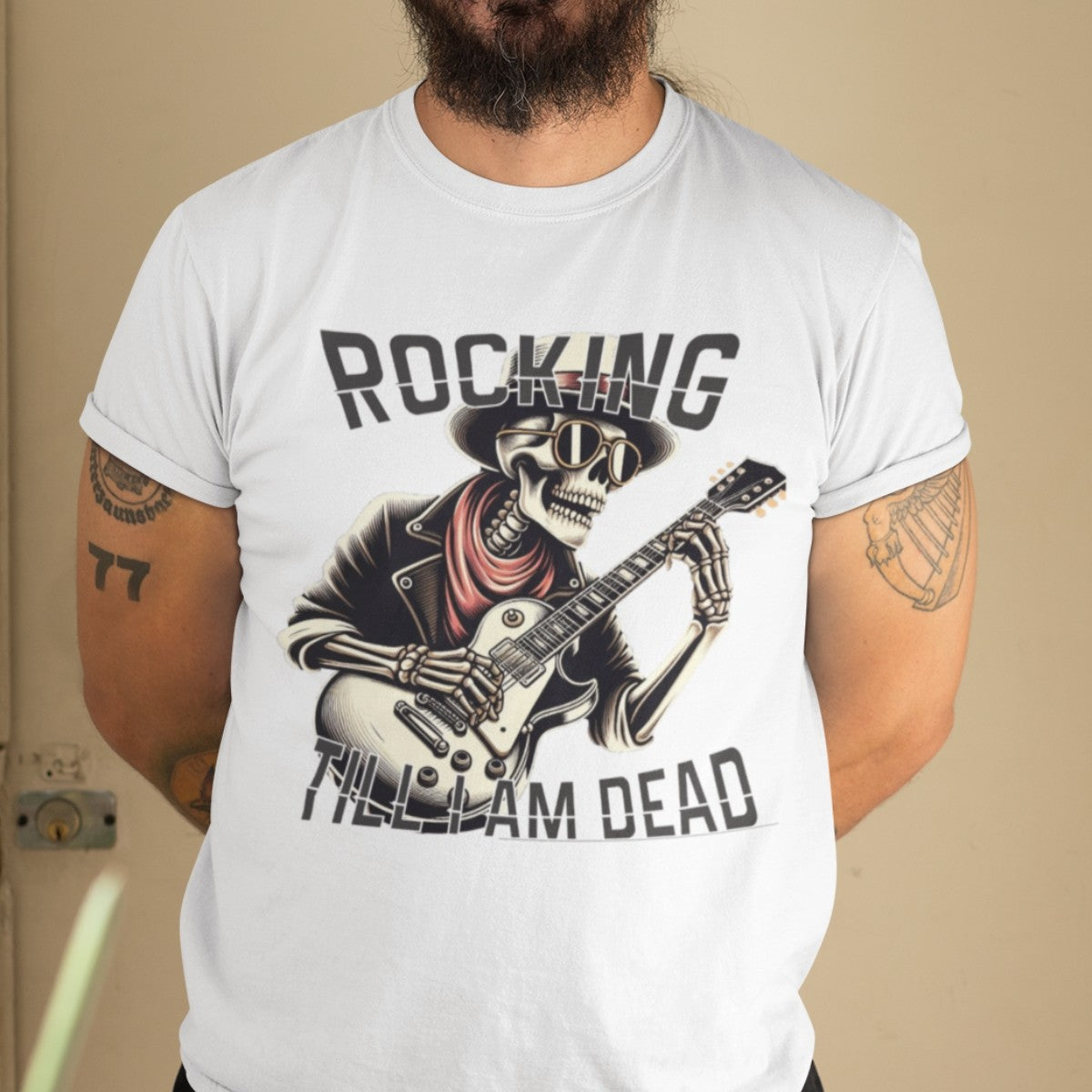 Camiseta Masculina GuGi Rocking Esqueleto Rockeiro Caveira Tocando Guitarra